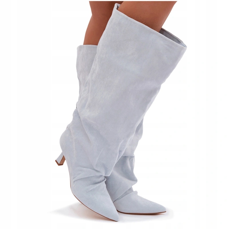 Dámské Kozačky Eko Semiš Podpatek Široký Svršek Nazouvací Modré 39