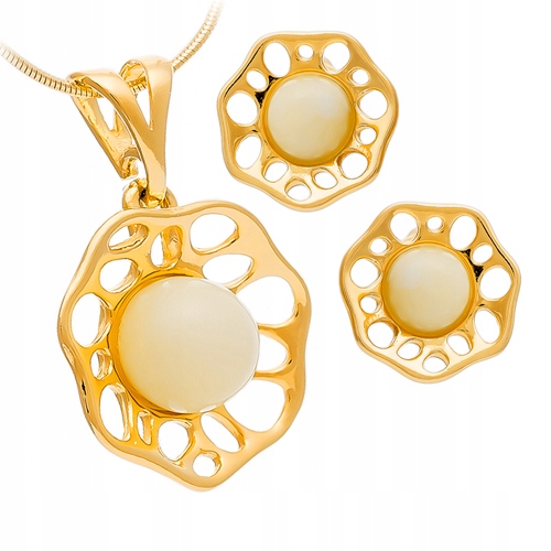 Zlaté Květinky komplet z přírodního mléčného Jantaru stříbro 925 pozlacené