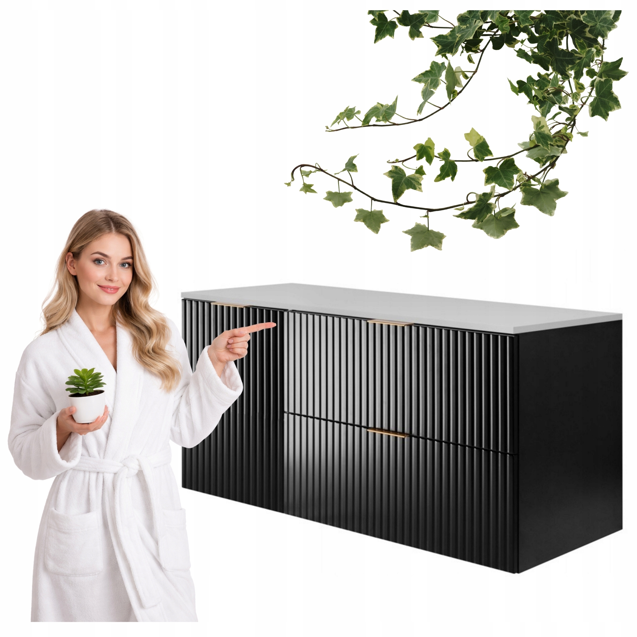 Szafka Łazienkowa Szuflady Drzwi Flisan 100x46 CM Czarna Z Białym Blatem