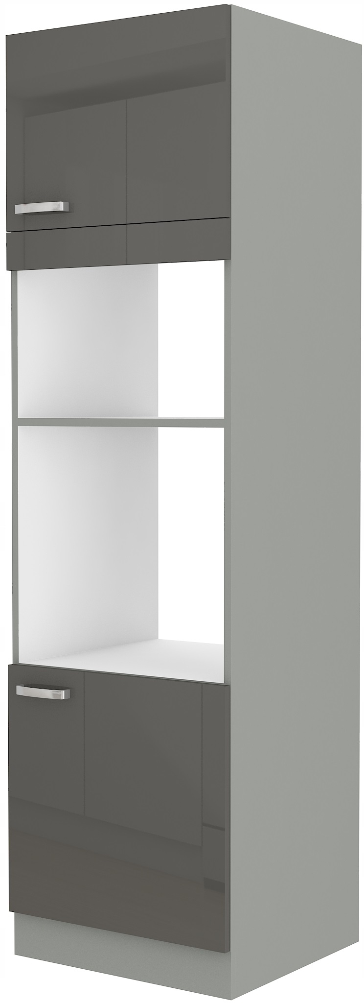 Kuchyňská skříňka s komínem, sloupkem pro zabudování trouby a mikrovlnné trouby. Šedá.
