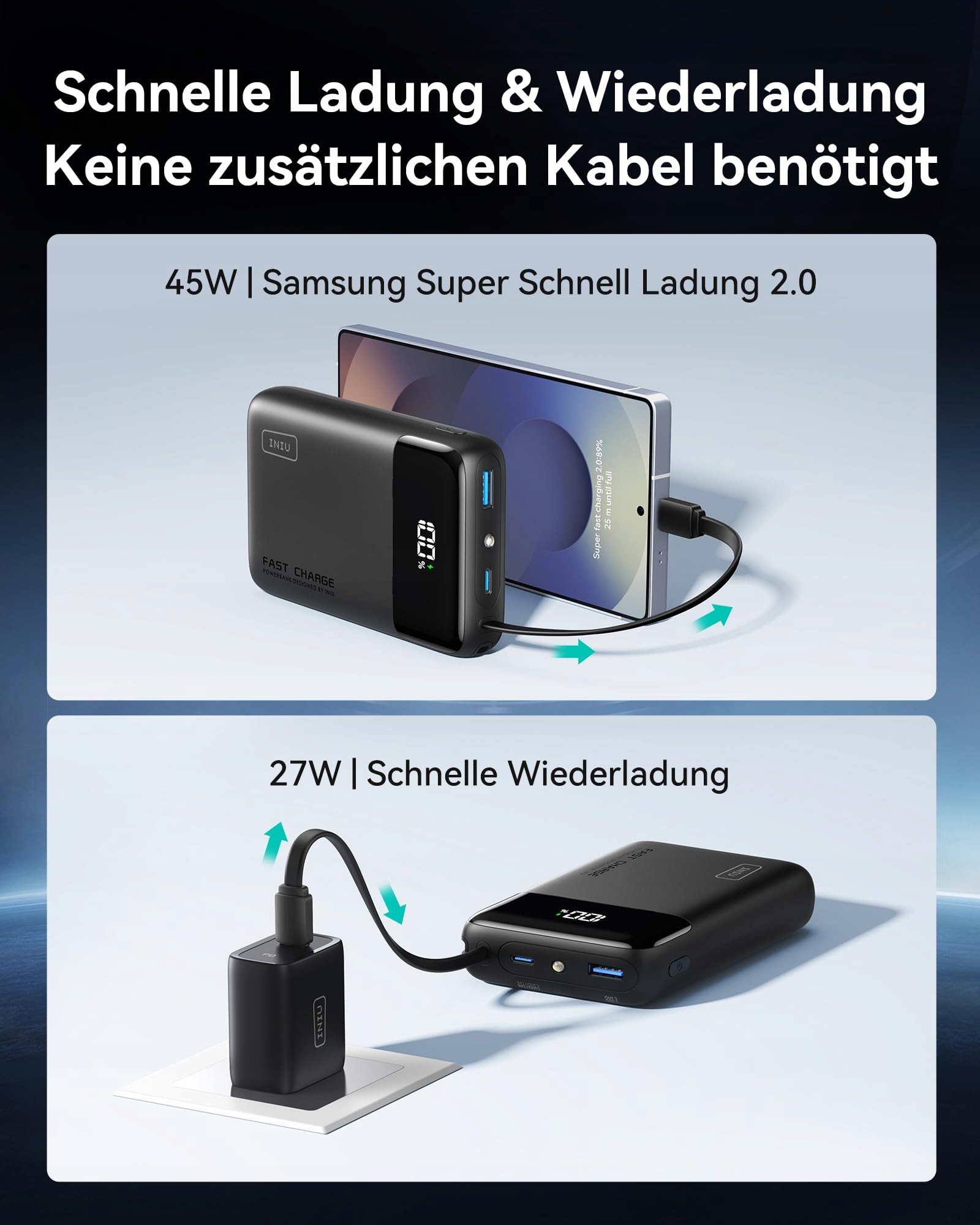 INIU Power Bank 20000mAh 45W USB-C PD QC iPhone Samsung — miniatura 4