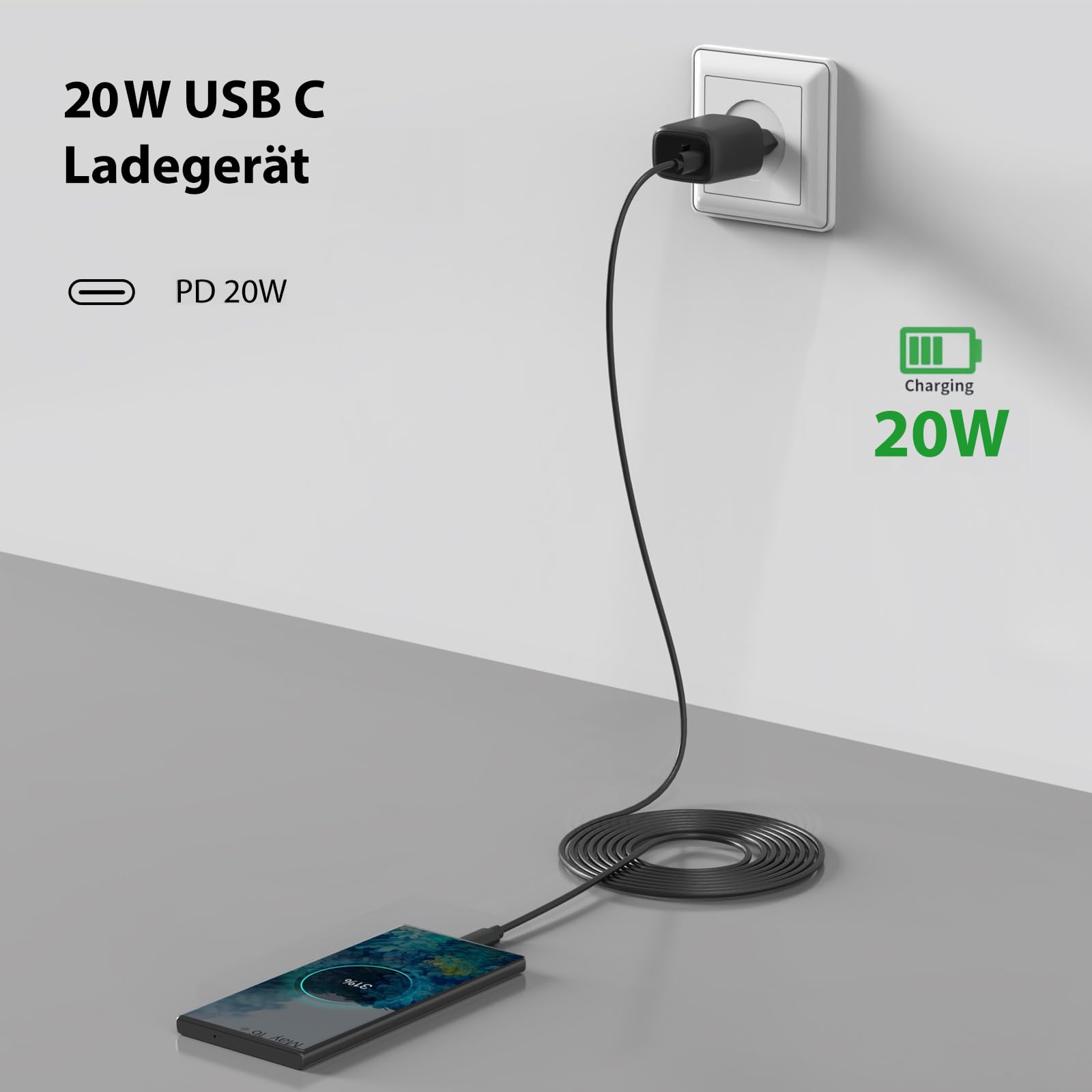 QACKENM USB C Szybka Ładowarka 20W Do iPhone iPad AirPods Czarny — miniatura 2