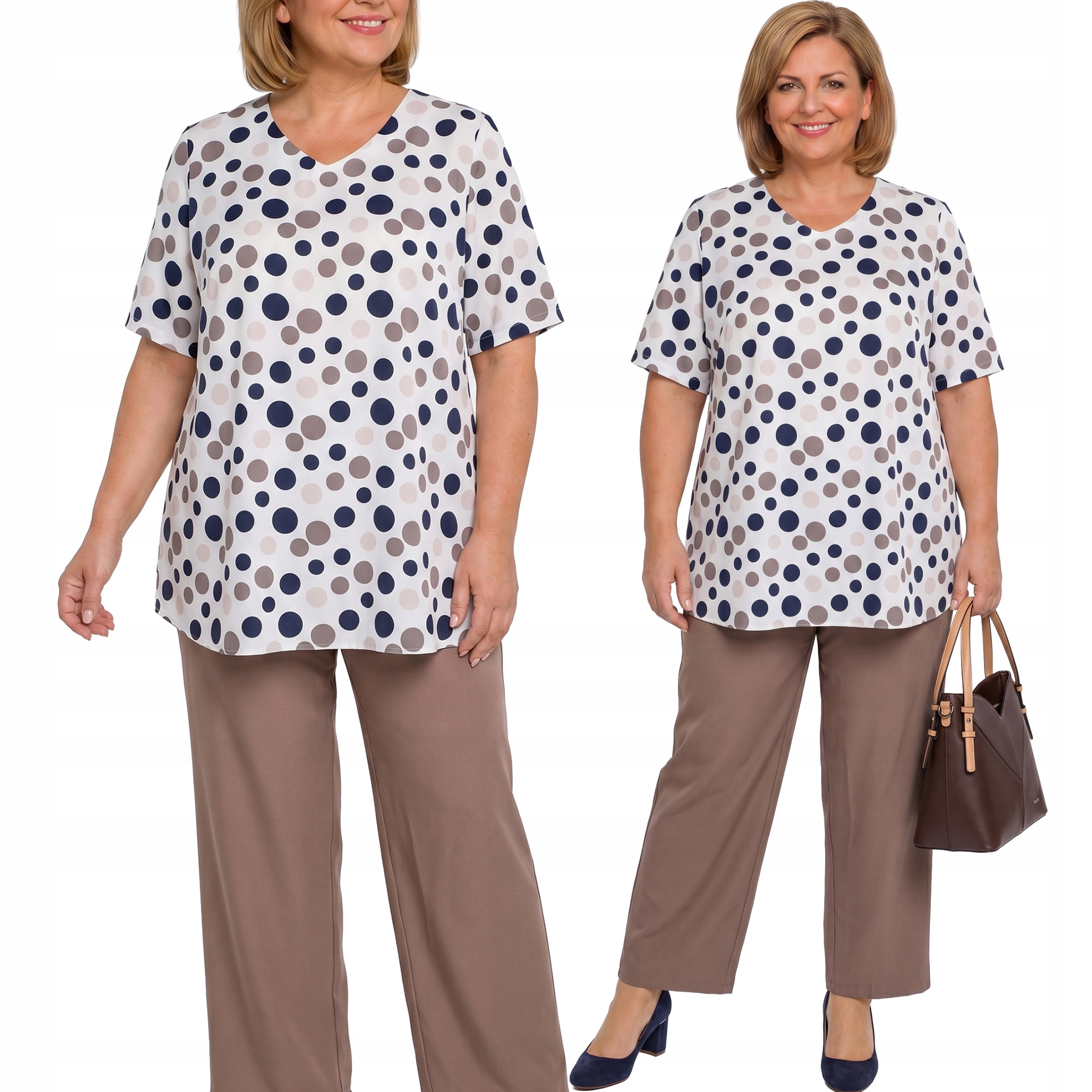 Béžovo-bílý komplet s kalhotami, puntíky plus size, velikost 54
