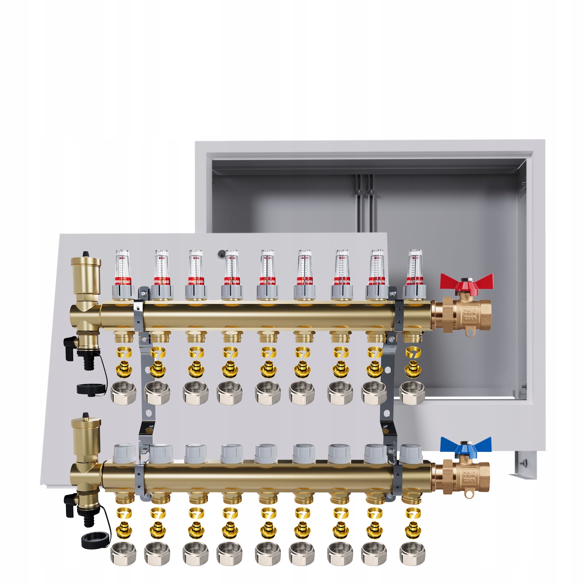 Rozdělovač podlahový mosazný 8 okruhů Podomítková skříňka Ventily Pex