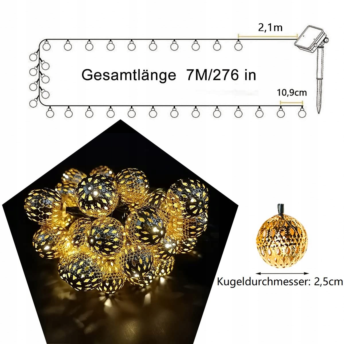 NLNEY Lampki Girlanda Solarna 7M Kule Zewnętrzne Wodoodporne 50LED 8 Trybów — miniatura 5