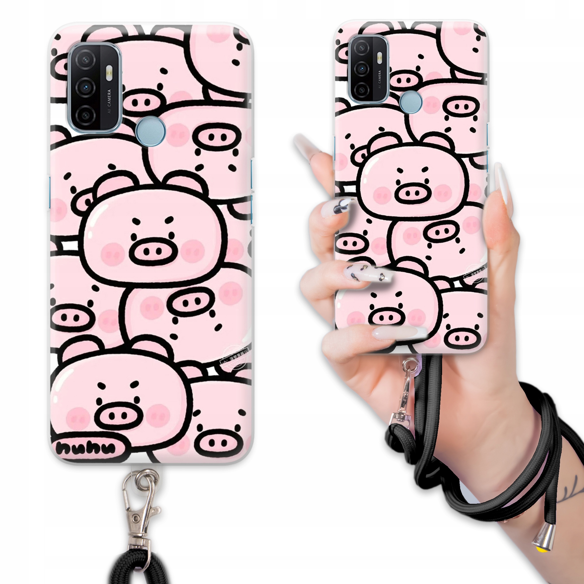 Pouzdro černý provázek pro Oppo A53S Kryt Prasátko Piggy Zábavné Top Vzory