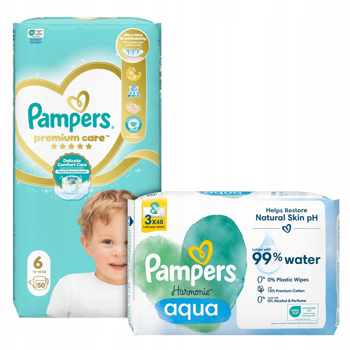 Zestaw Pampers Premium Care rozmiar 6, 50 szt. Chusteczki Aqua 144 szt.