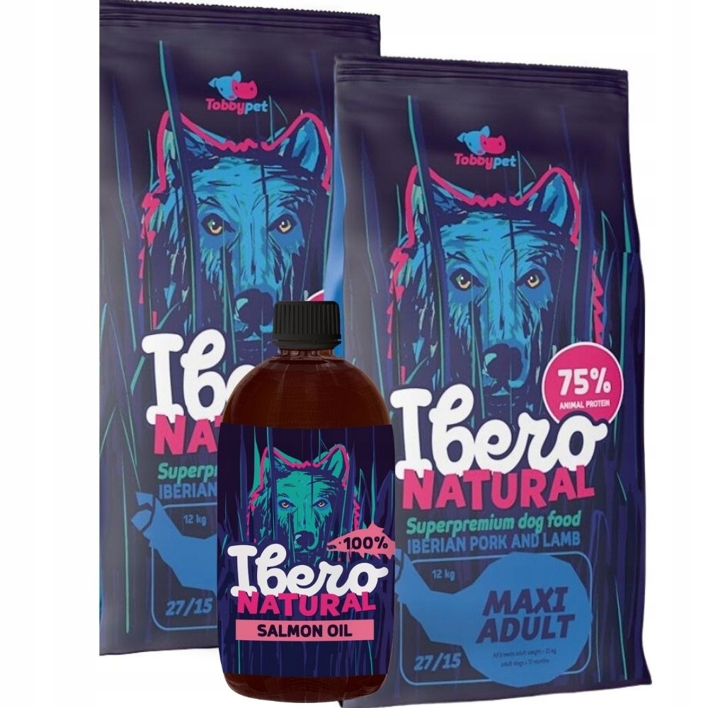 Levně Balíček pro psy velkých plemen Ibero Maxi Adult 2x3 kg Lososový olej 1L