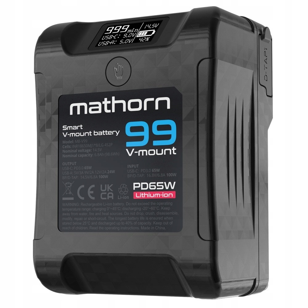Batéria Mathorn MB-V99 s 6800 mAh PD65W Oled, Usb-c a kapacitou 99 Wh, s V-mount konektorom