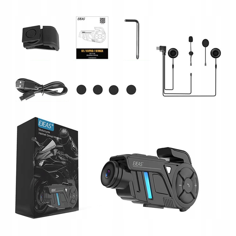 Ejeas Motocyklový interkom K1 Pro s videorekordérem 2K Mesh pro 8 osob