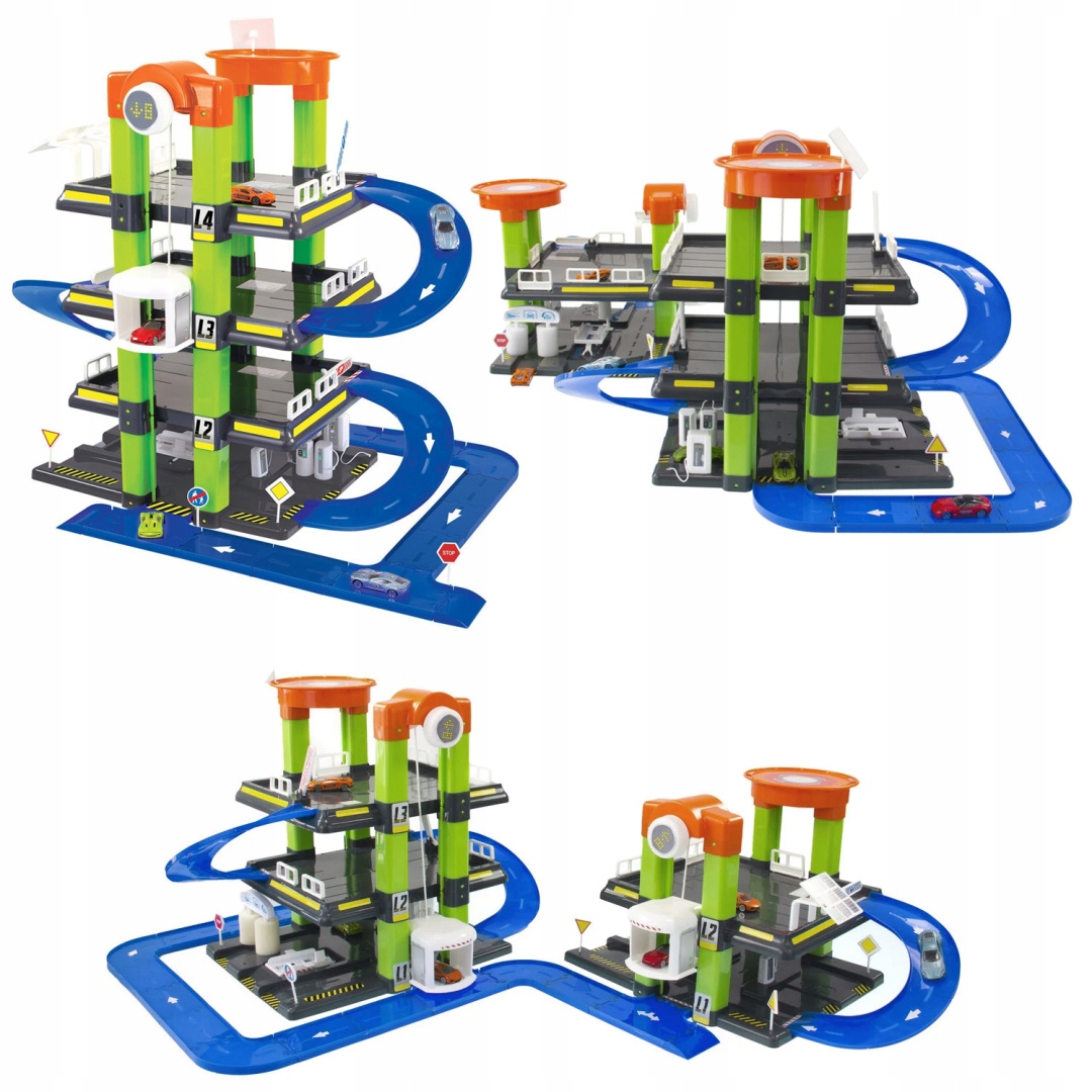 MOCHTOYS GARAŻ 5 POZIOMÓW Parking Myjnia Winda Warsztat Lądowisko Auta 36+ Marka Mochtoys
