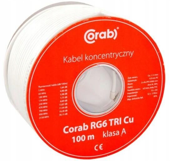 Koaxiální Kabel RG6 Tri Cu Corab (cívka 100 m) třída A