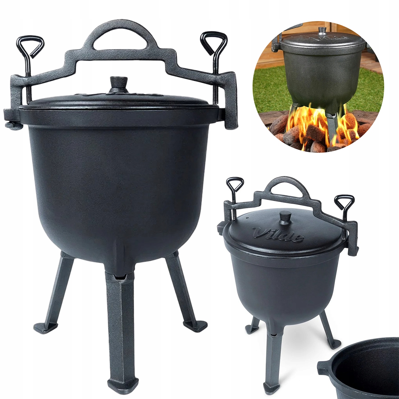Liatinový kotlík na nožičkách 8 l s vekom na oheň a grilom