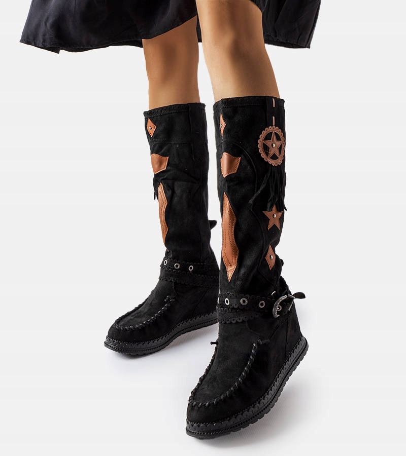 Czarne kozaki na krytym koturnie boho 24652 37 Płeć kobieta