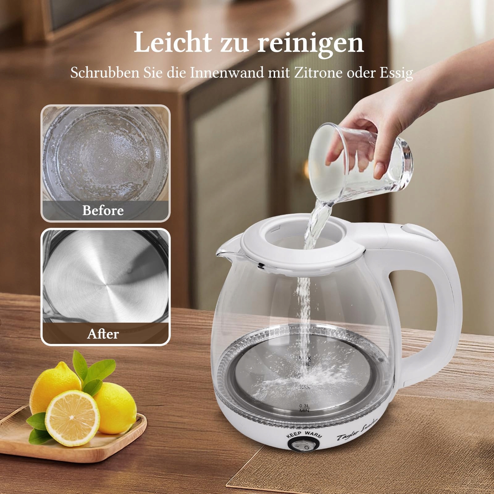 TAYLOR SWODEN Czajnik Elektryczny Szklany 1L 2200W LED BPA Free Z Teesitem — miniatura 9