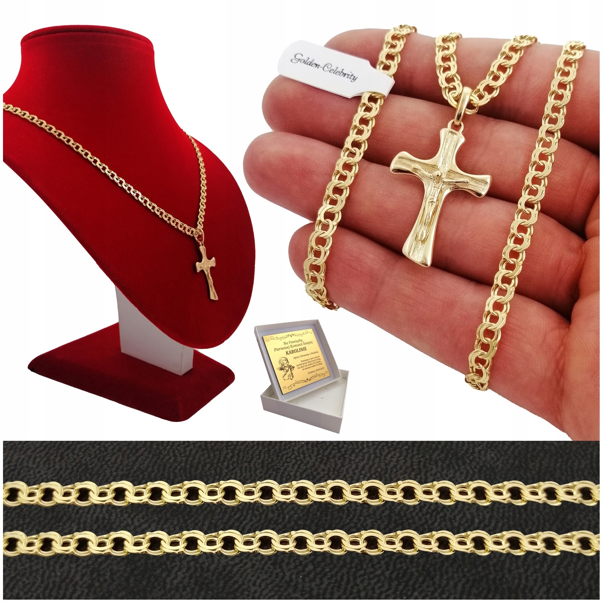 ŁAŃCUSZEK ZŁOTY MĘSKI + ZAWIESZKA KRZYŻ SREBRNY 925 GRAWER KOMUNIA CHRZEST