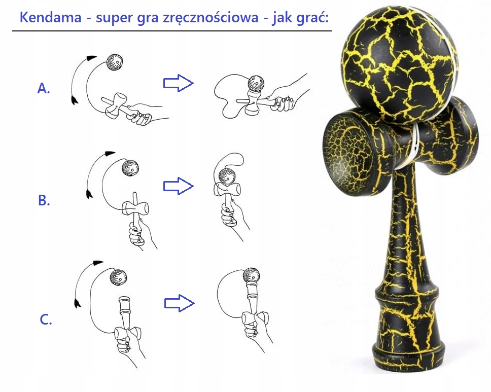 KENDAMA DREWNIANA JAPOŃSKA GRA ZRĘCZNOŚCIOWA ŻÓŁTA