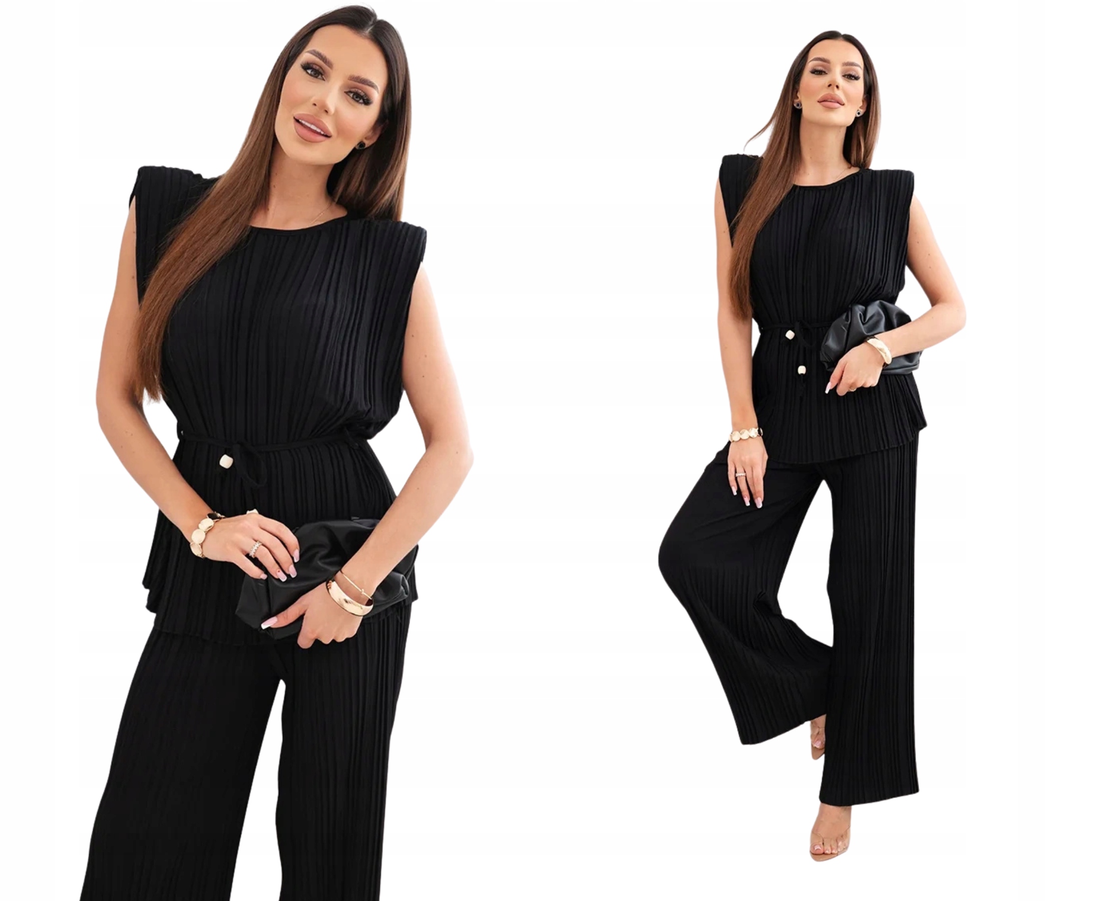 Czarny komplet damski plisowany bluzka bez rękawów i szerokie spodnie