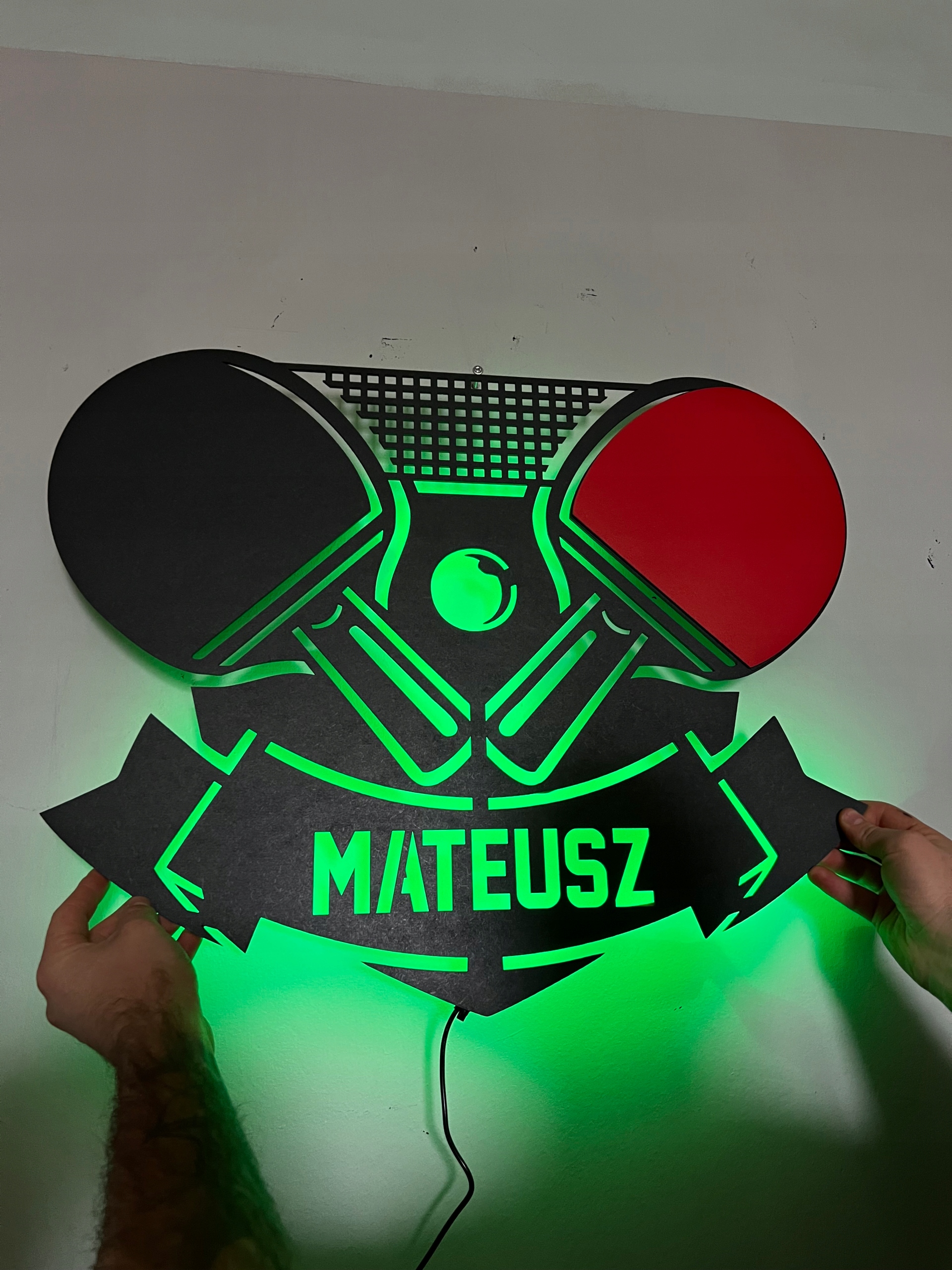 Nástěnná dekorace Ping Pong s 3D Led jménem a personalizovaným tenisem