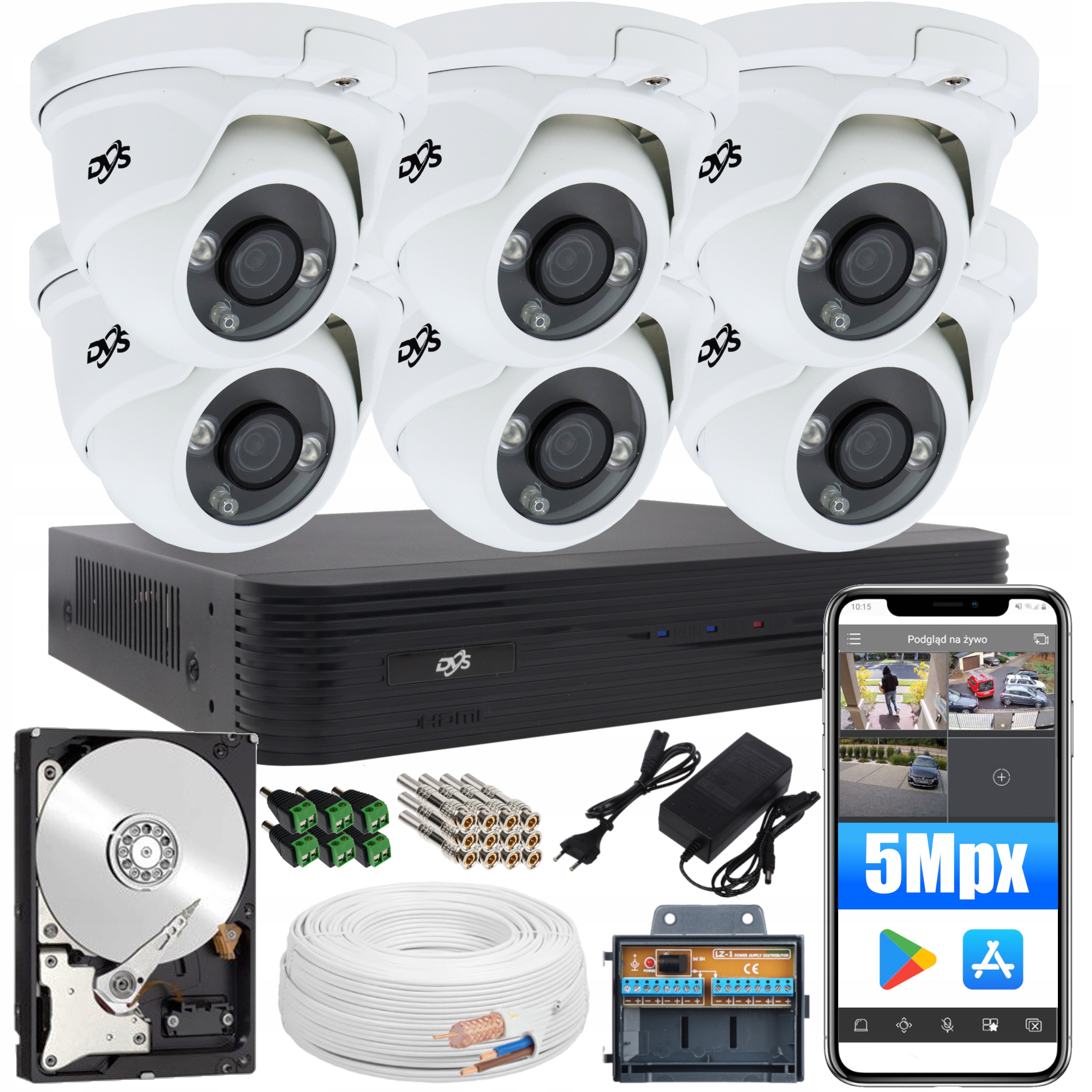 ZESTAW DO MONITORINGU 6 ZEWNĘTRZNYCH KAMER KOPUŁKOWYCH 5Mpx DYSK 1TB