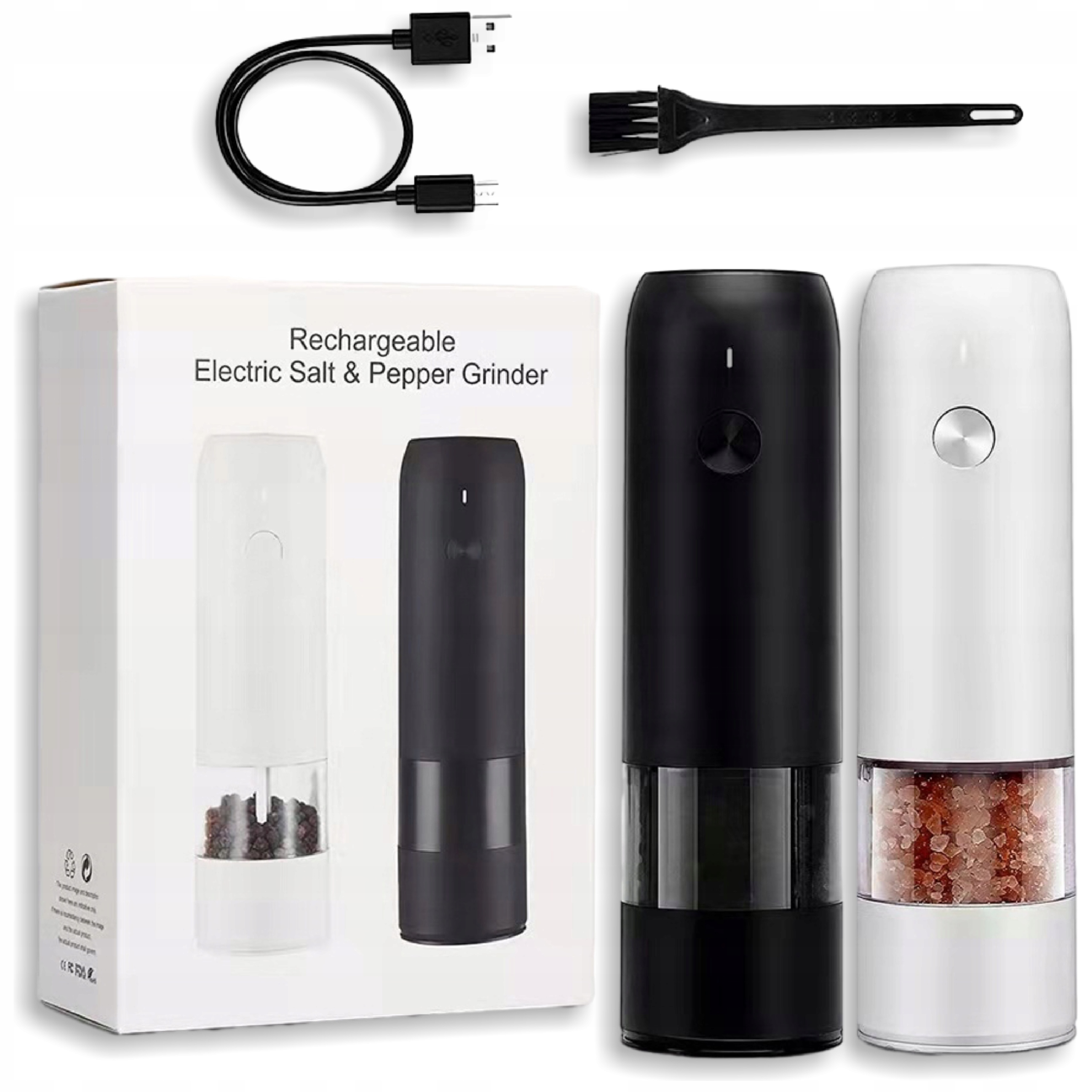 Elektrický Mlýnek Sůl Pepř Koření Vestavěná Baterie Sada 2x