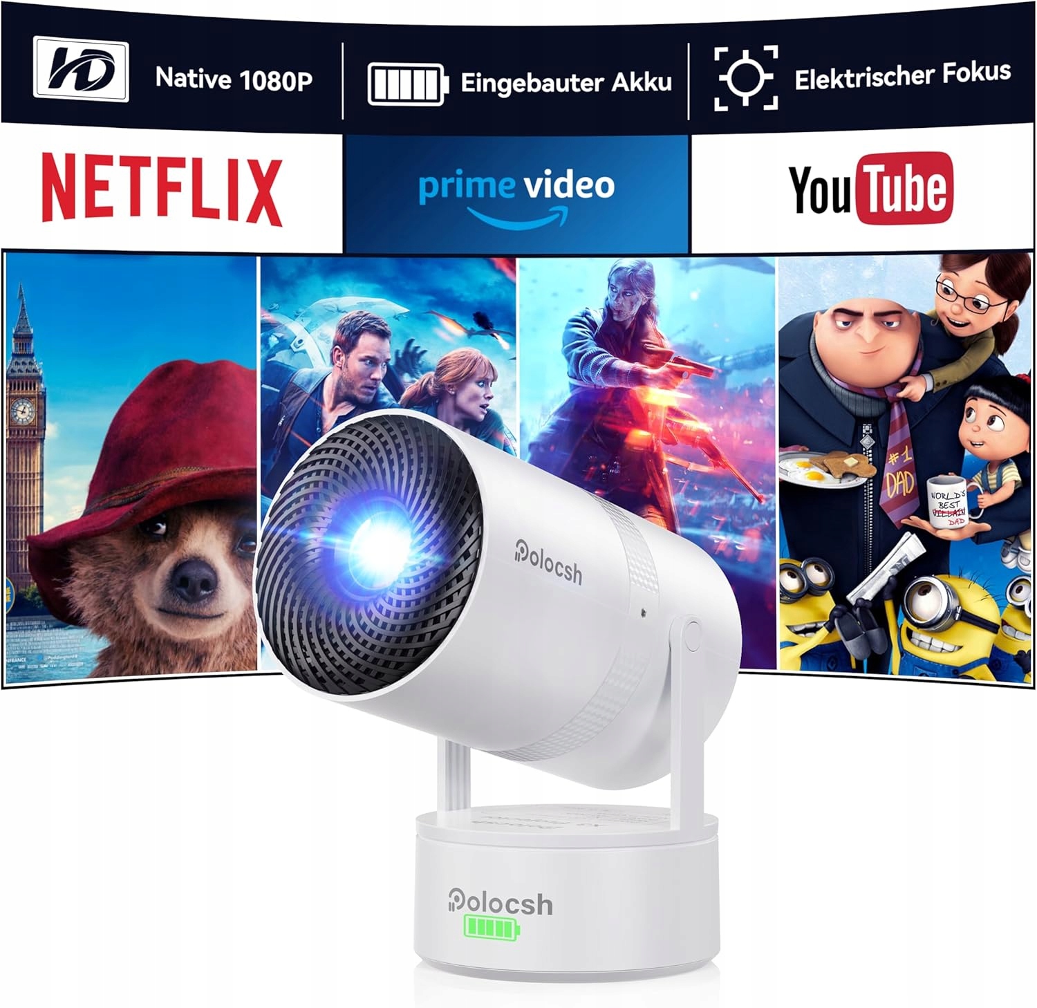 Projektor-Rzutnik z akumulatorem , WiFi i Bluetooth 1080P,4K , Polocsh , 4K