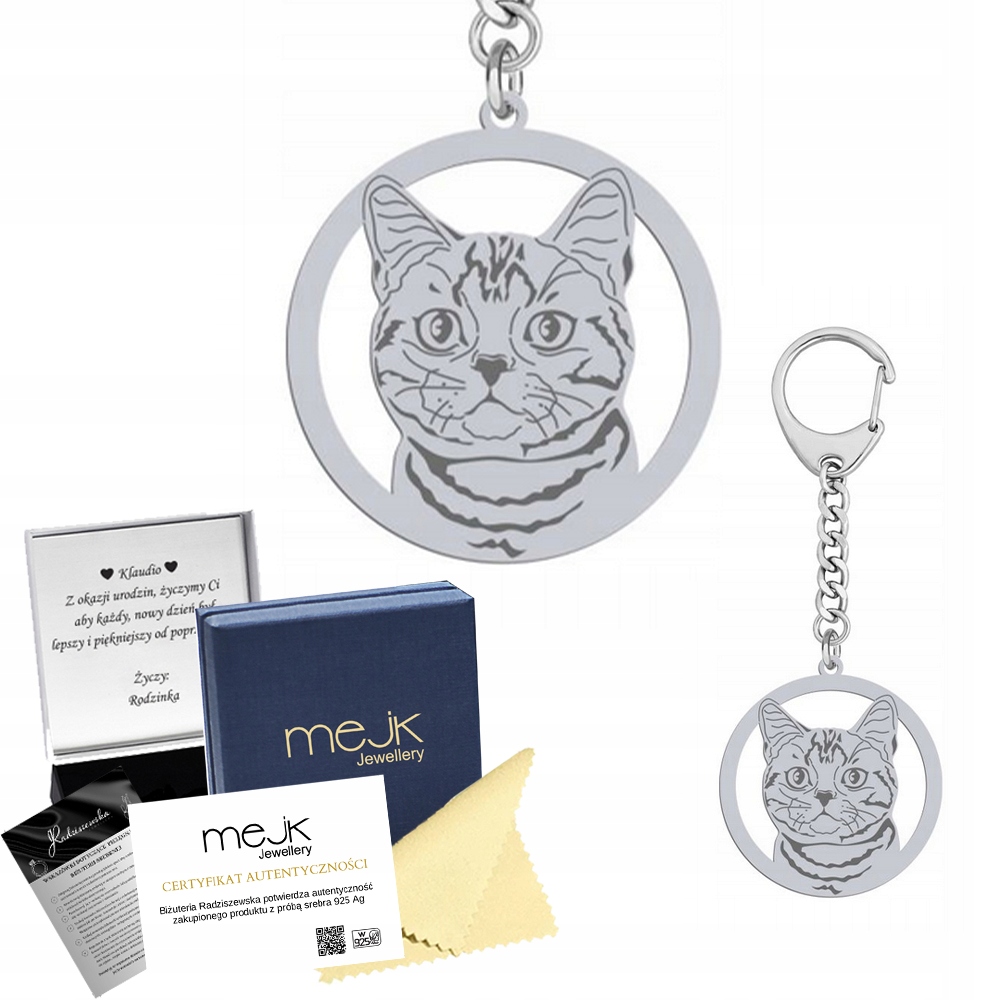 Přívěsek Na Klíče s kočkou American Shorthair 925 Dárek Gravírování