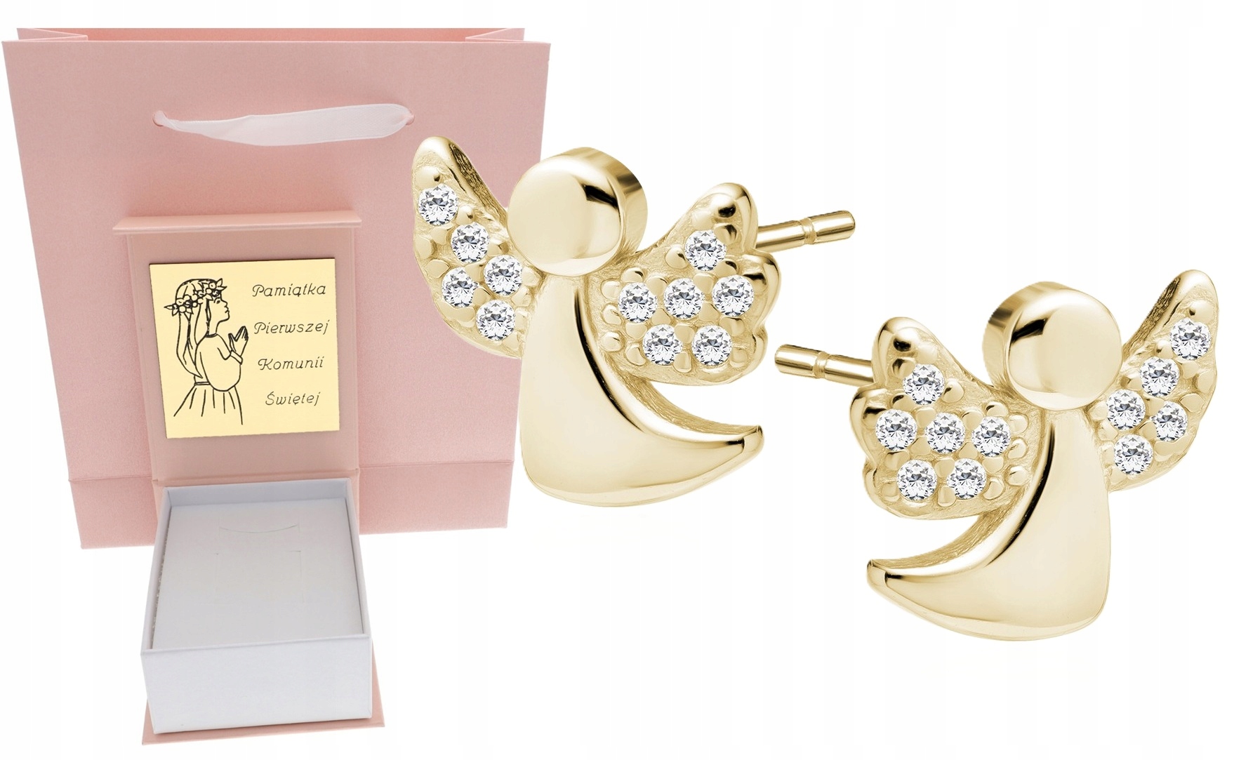 Złote kolczyki Aniołki Komunia Chrzest Roczek Grawer Srebro 925