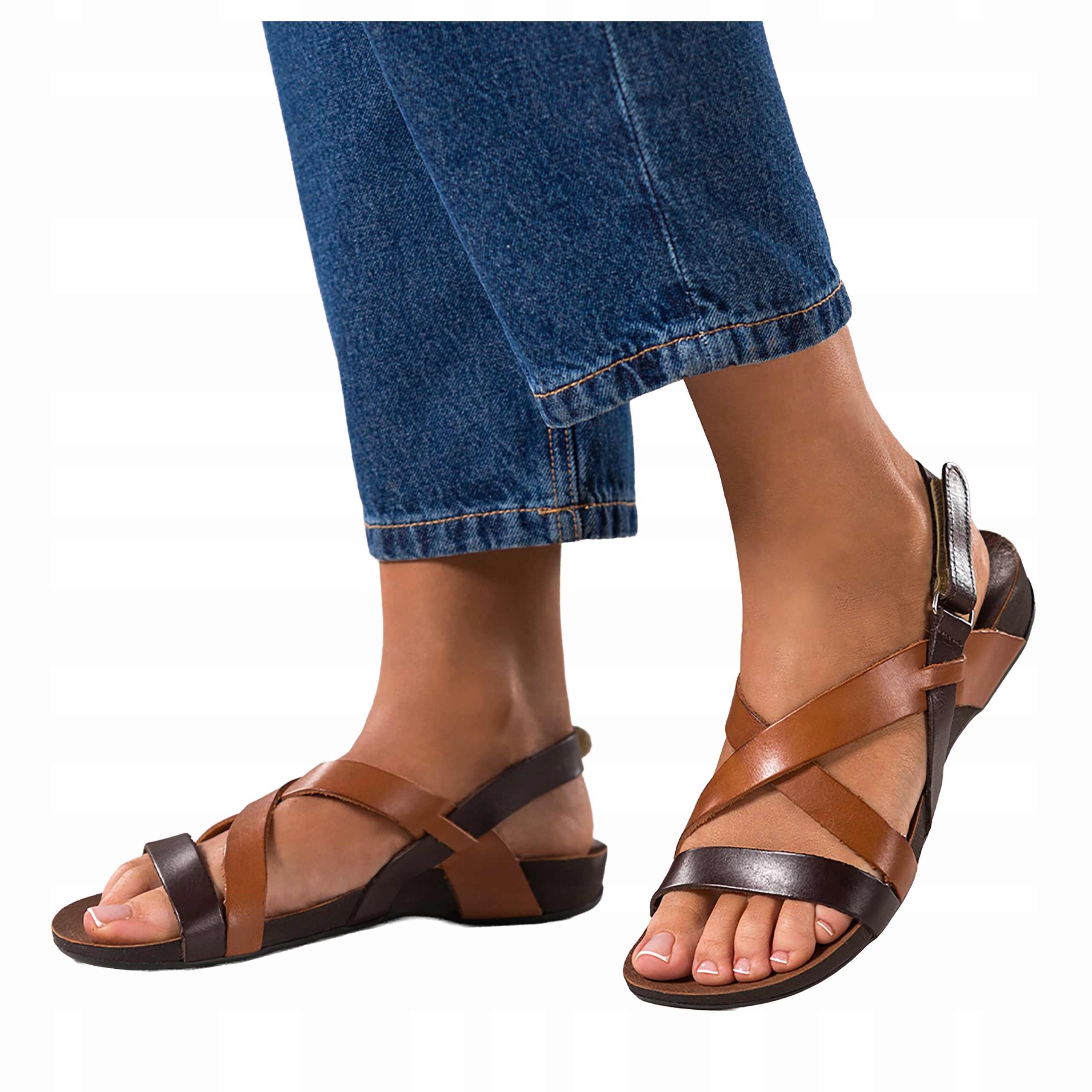 Čokoládové Sandály Dámské Kožené Ploché Na Suchý Zip Pásky na kříž vel. 36