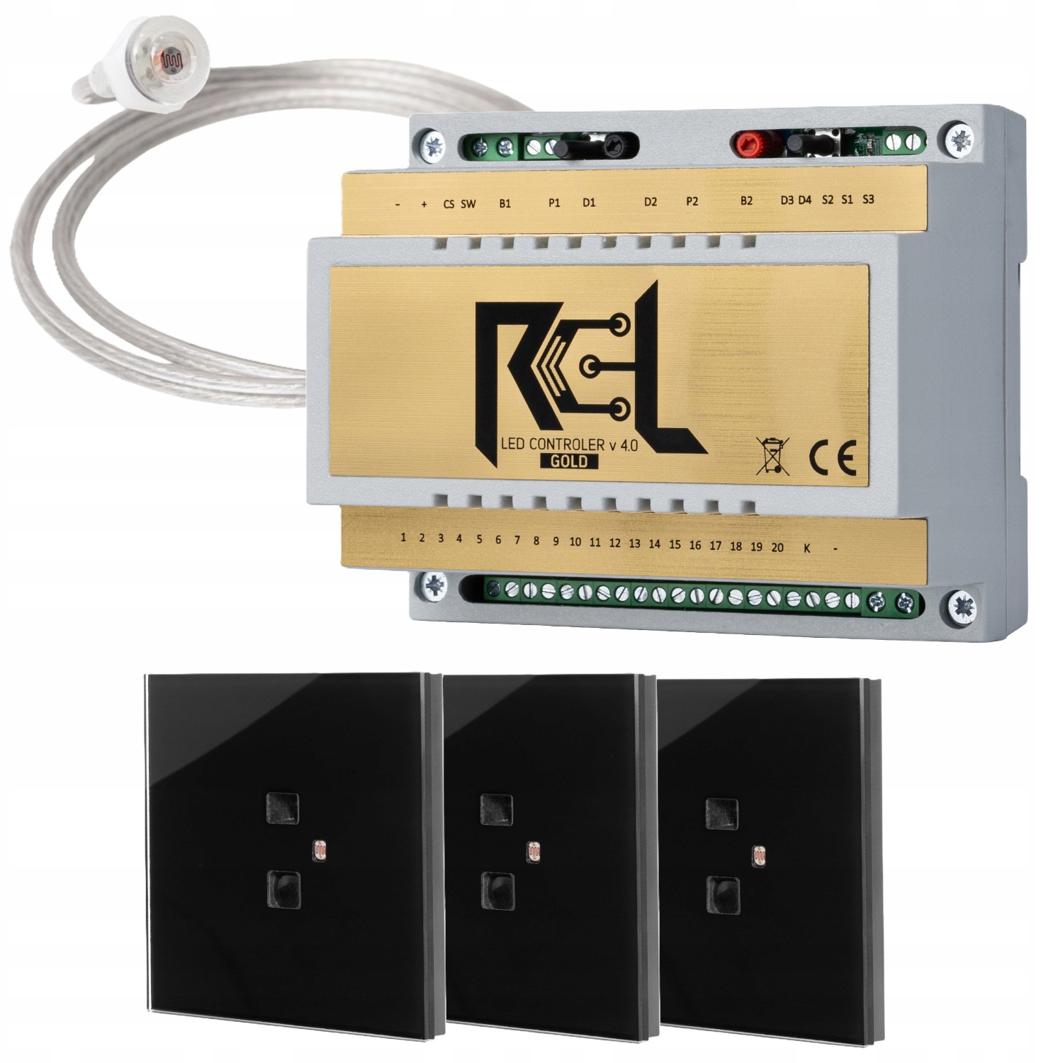 Schodiskový ovládač Rcl-led Gold, 3 x RG_1_GLASS_BLACK, svetelný senzor