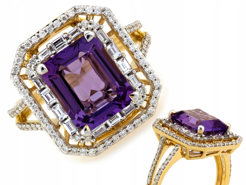 Elegantní zlatý prsten 585 14kt s vzorem ametystu a briliantů 4.32g R17