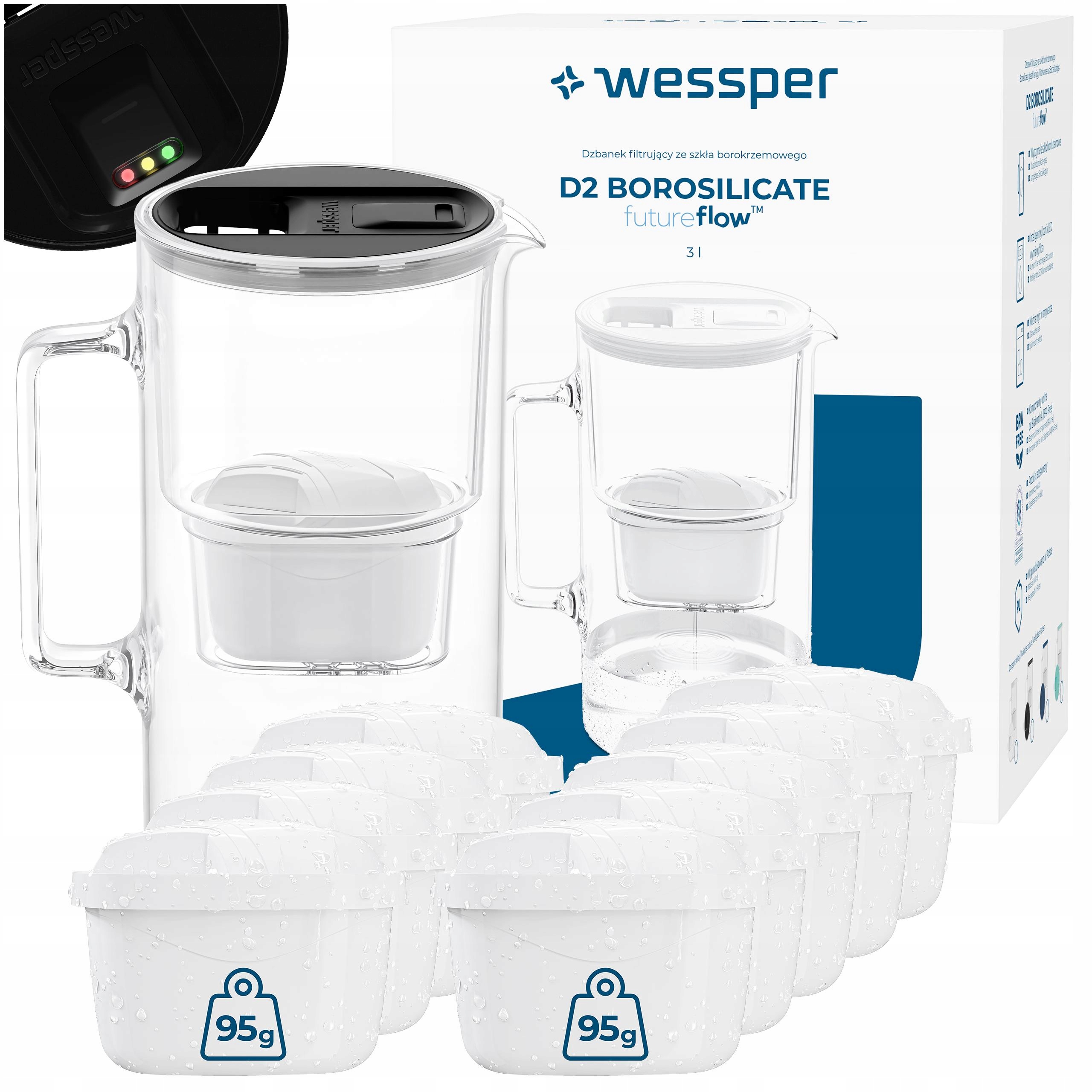 Filtrační konvice skleněná Wessper D2 Borosilicate Ff 3 l Led 10 x filtr