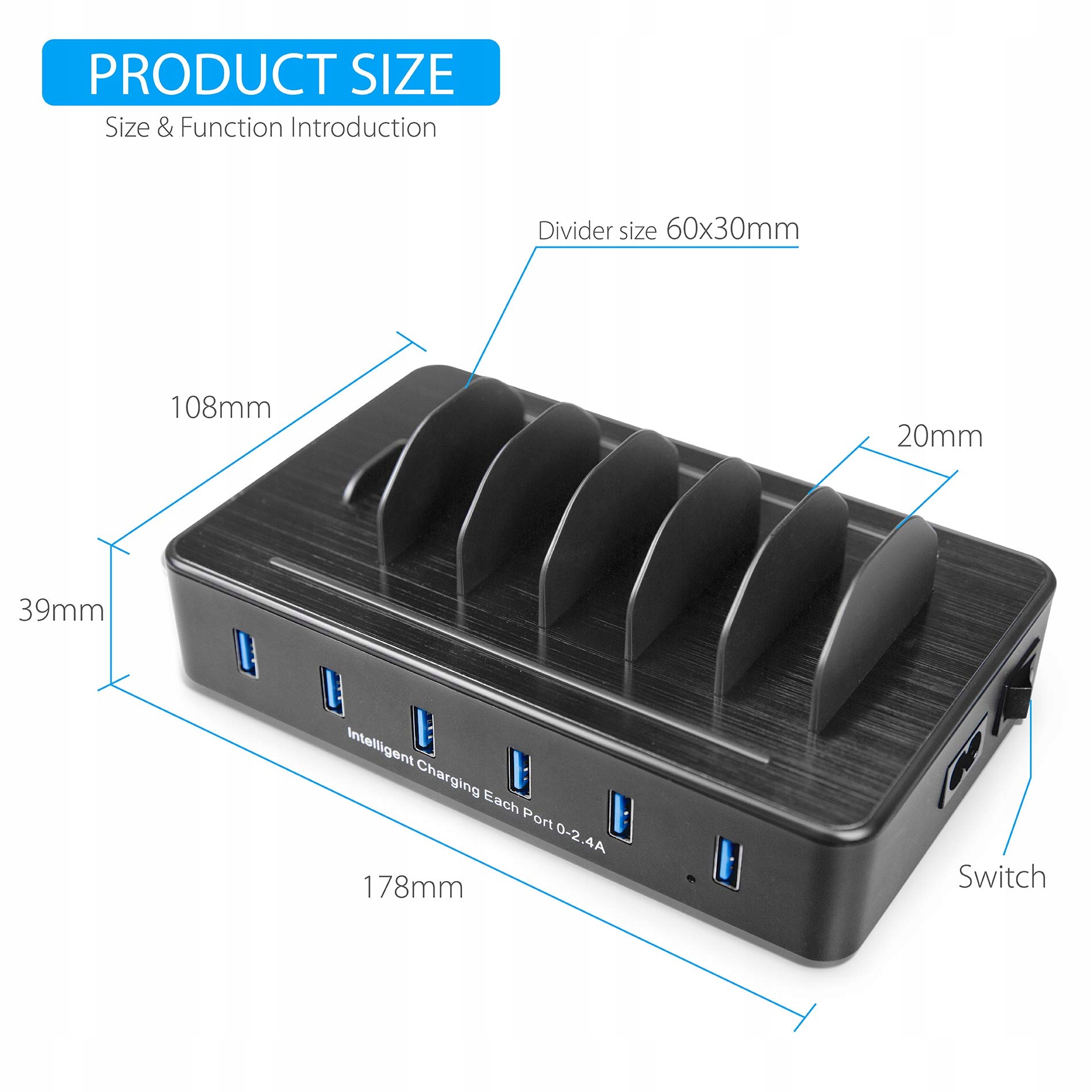 TECHDOT Stacja Ładowania USB 6 Portów Do Telefonów i Tabletów Z Kabli — miniatura 6