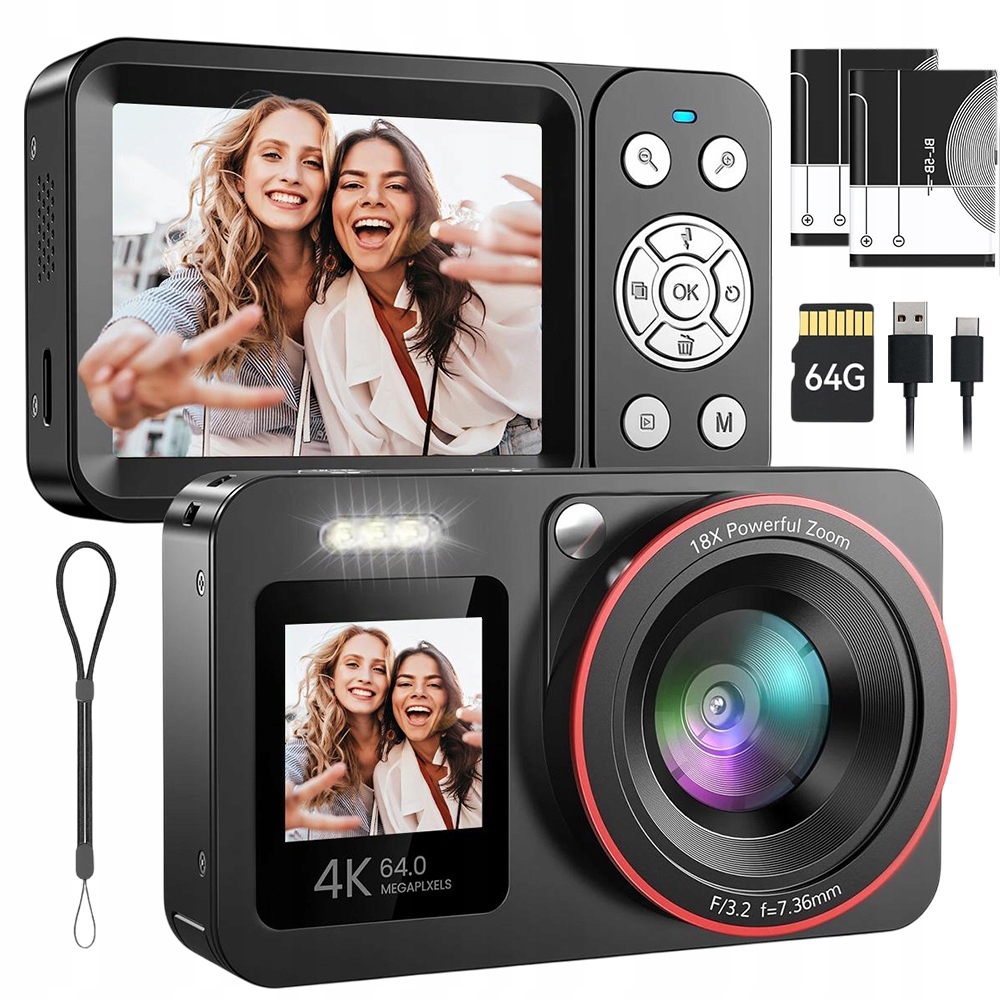Aparat Cyfrowy 4K Podwójny Ekran 18x Zoom 64GB Karta 2 Akumulatory