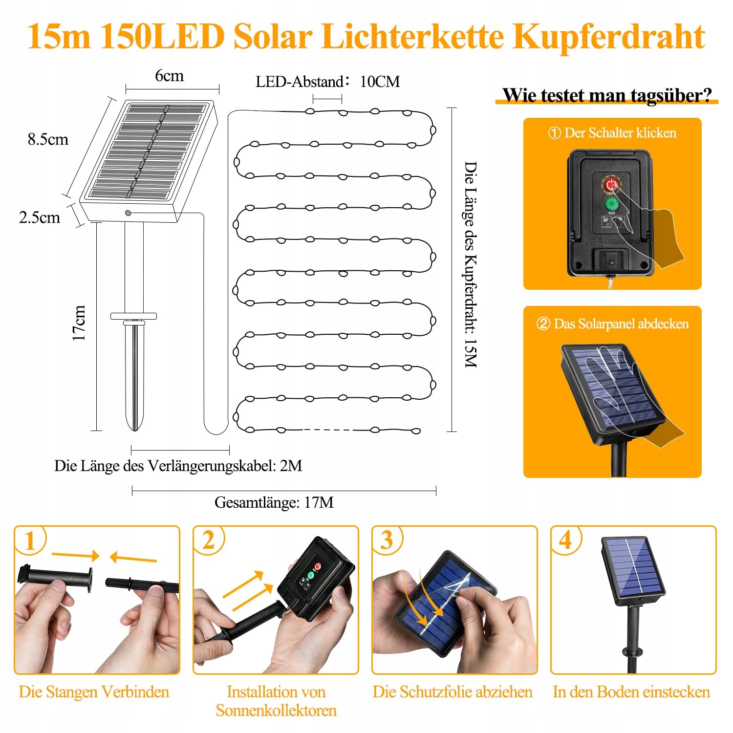 OLLNY Solarna Girlanda 2x15M 150 LED 8 Trybów IP65 Ciepły Biały — miniatura 9