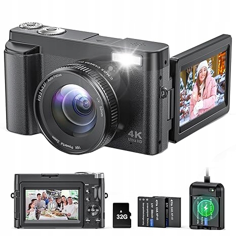Digitální Fotoaparát Hd Přenosný 4K 48MP 16X S 180° Výklopným Displejem (černý)