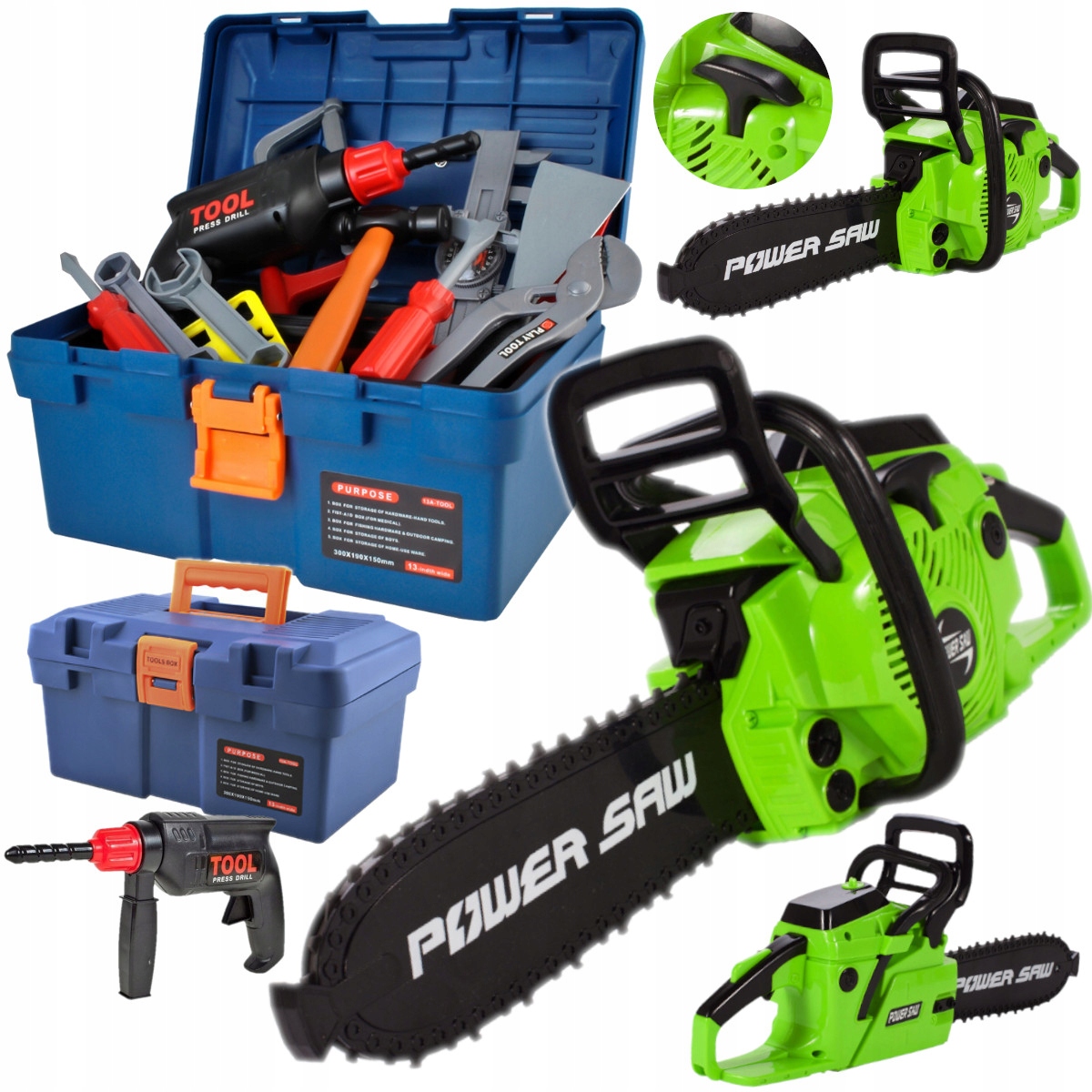 NARZĘDZIA majsterkowicza DLA DZIECI PIŁA MOTOROWA + SKRZYNKA Z NARZĘDZIAMI Stan opakowania oryginalne