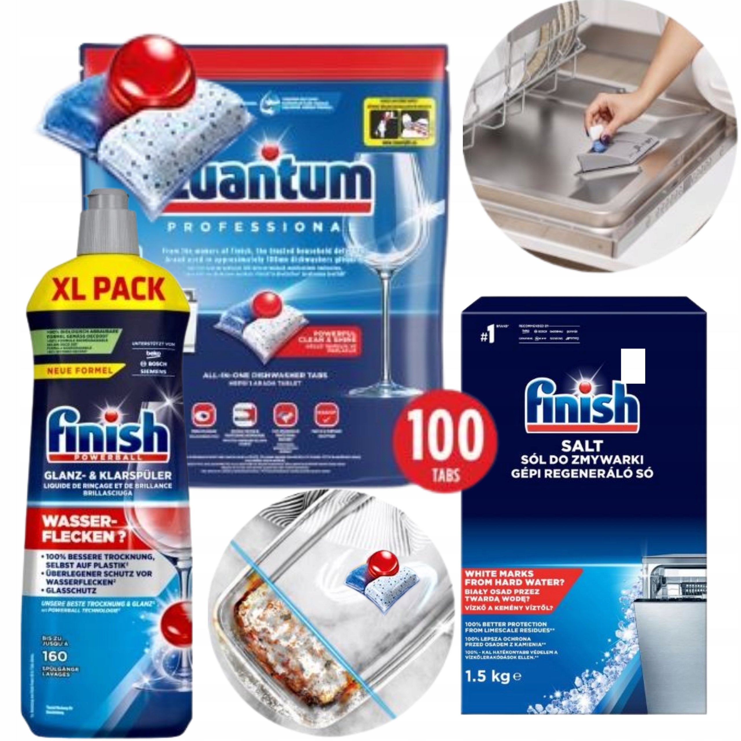 Zestaw Kapsułki Quantum do zmywarki 100szt Finish sól nabłyszcz 800ml