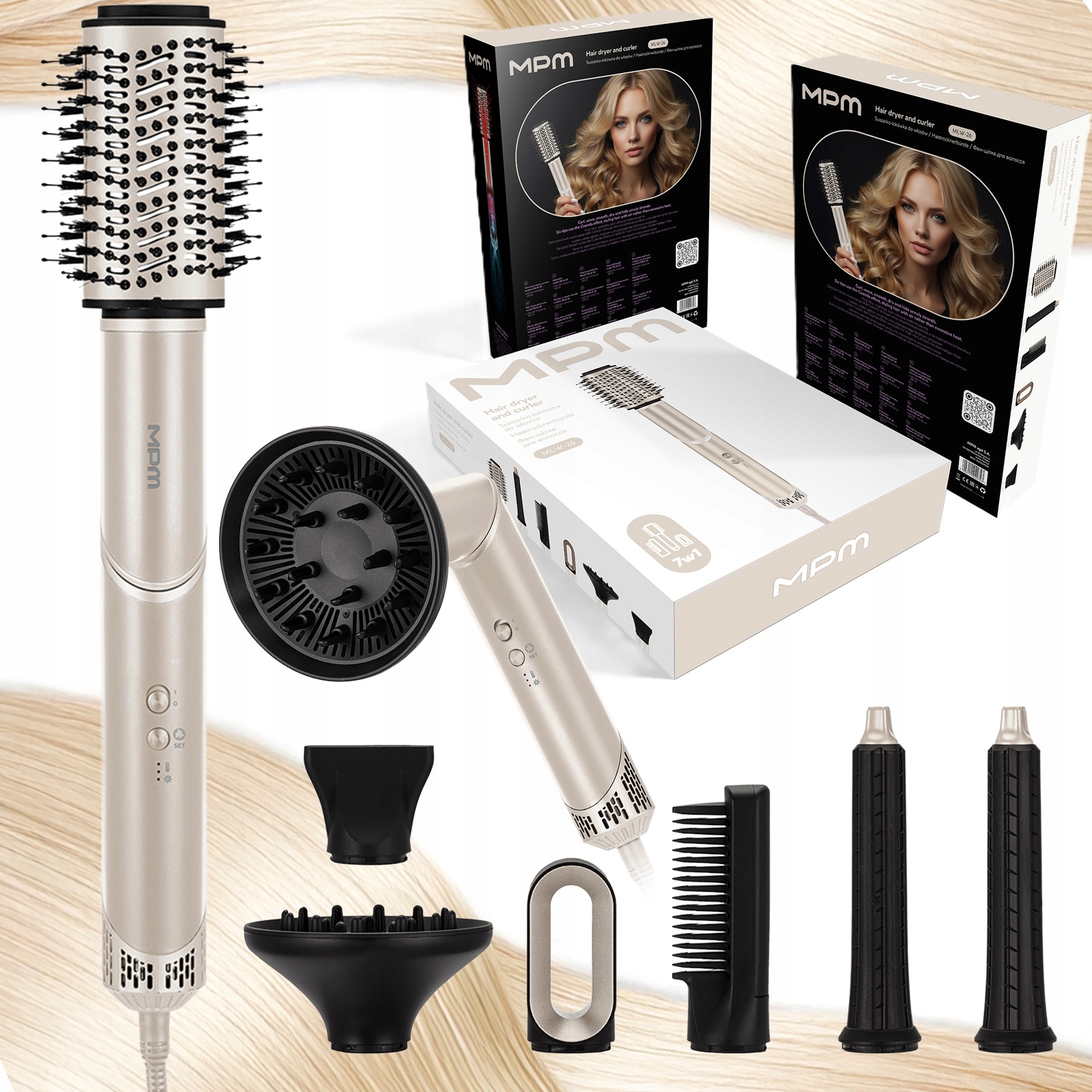 Suszarko-lokówka mocna suszarka do włosów zestaw 7w1 GLOW&flow Mpm MLW-26