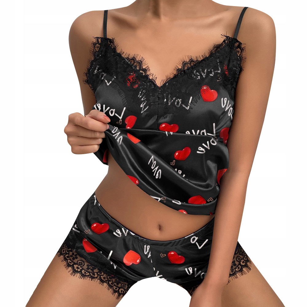 ZMYSŁOWA SATYNOWA PIŻAMKA DAMSKA KORONKA S