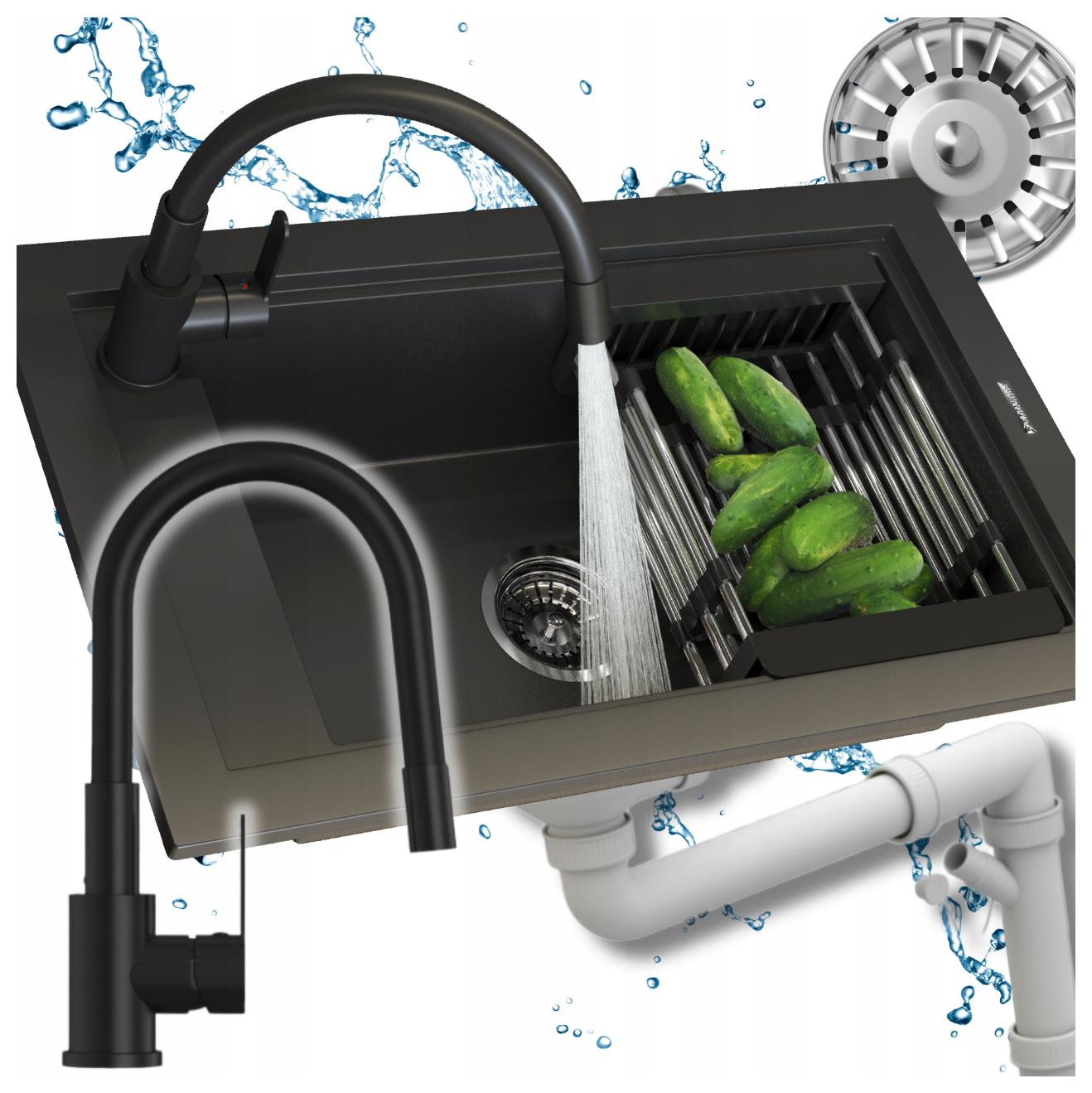 Jednokomorový Drez Čierny Súprava Batéria Sifón Košík Doska Panama