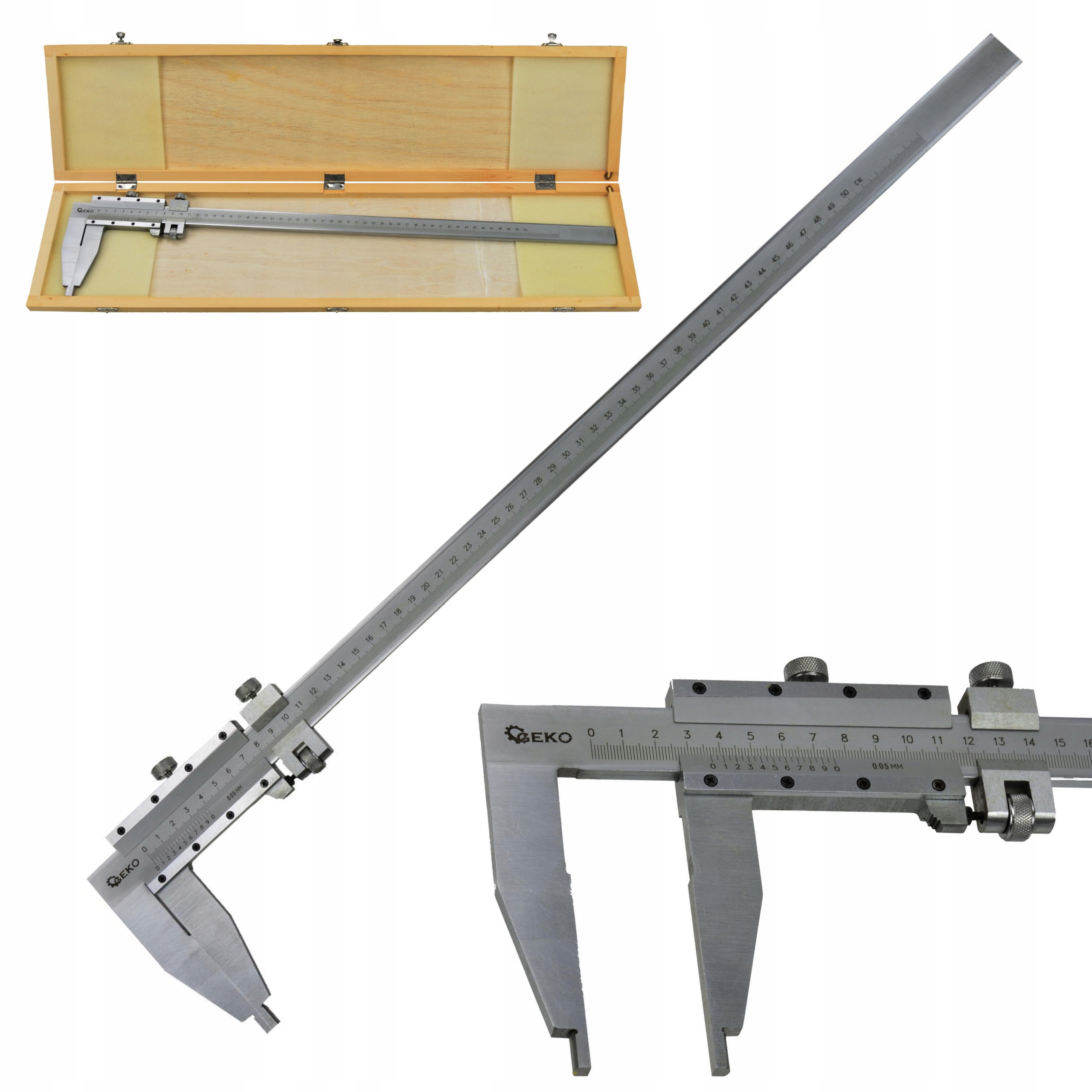 GEKO PRECYZYJNA SUWMIARKA 0-500MM 0,05 JEDNOSZCZĘKOWA + WALIZKA DREWNO