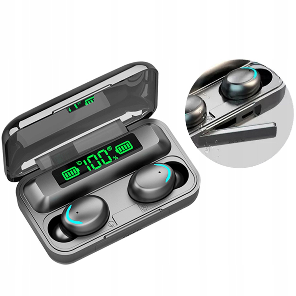 SŁUCHAWKI BEZPRZEWODOWE TWS BLUETOOTH WODOODPORNE POWER BANK WYŚWIETLACZ Model F9 Plus Pro