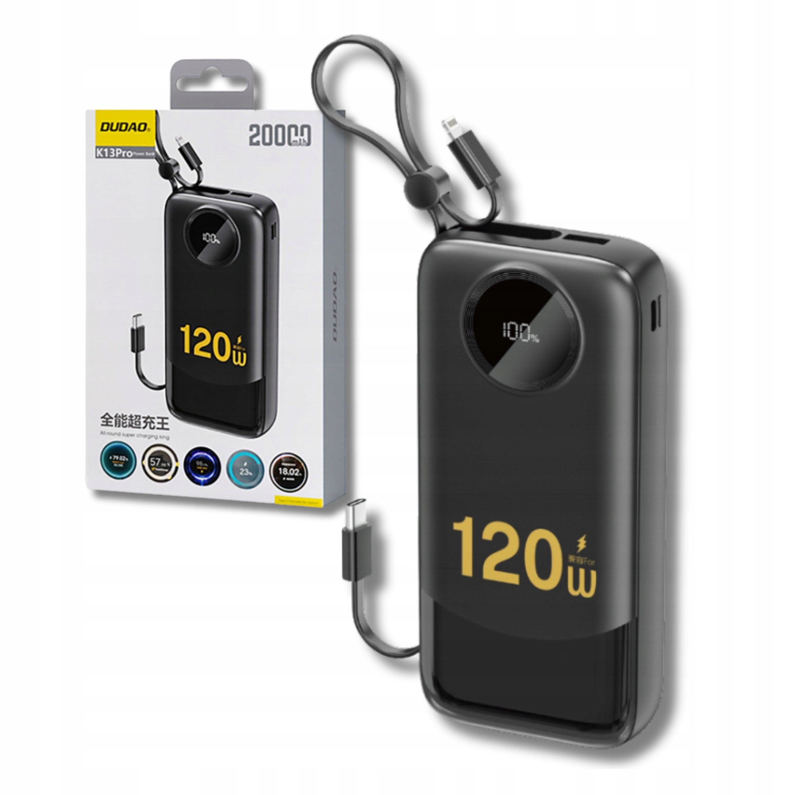 Powerbank 20000 mAh K13Pro Usb-a Usb-c z kablami Usb-c iPhone Lightning c