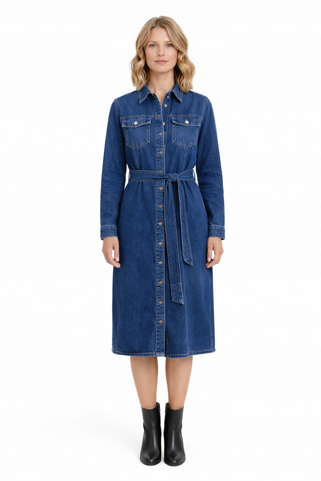 Džínová Šaty S Páskem A Knoflíky MIDI L 1I3A