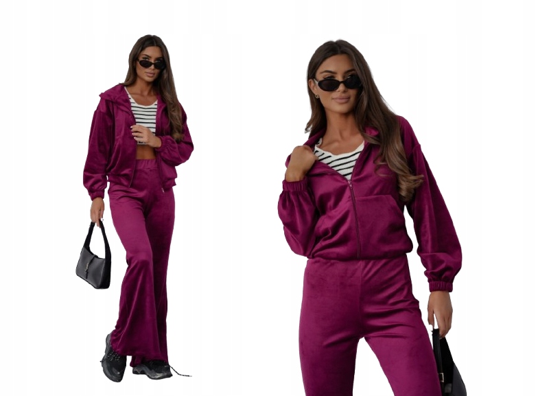 Welurowy Komplet Dresowy Bluza Kaptur+spodnie Dzwony Polski Bordowy L/XL