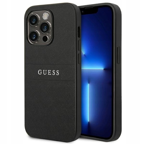 Guess Saffiano Metal Logo Stripes – Pouzdro pro iPhone 14 Pro (černé)