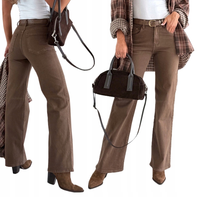 Modne Jeansy Rylee Z Szerokimi Nogawkami! Czekoladowe 36/S