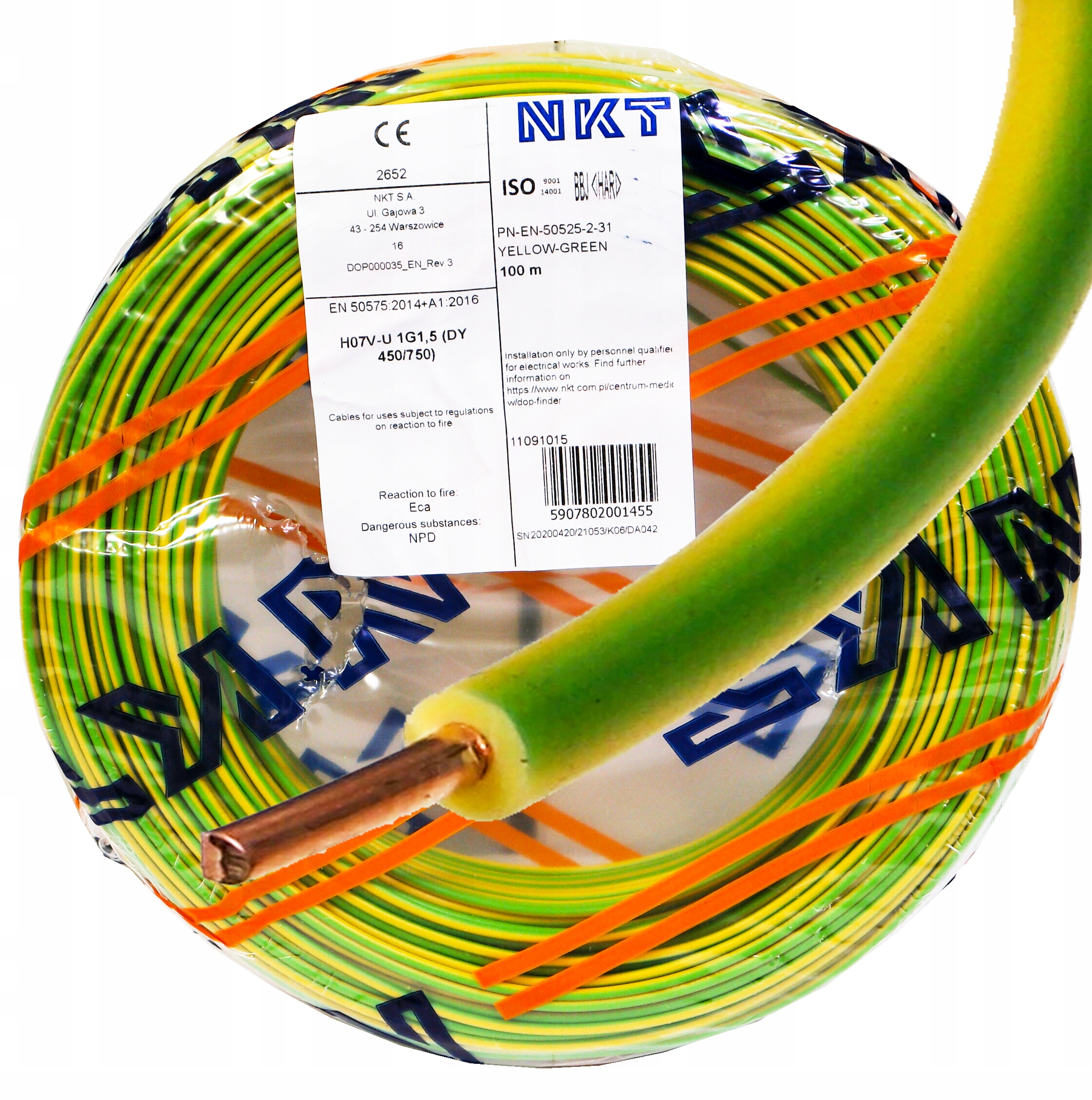 Kabel drát Dy 1x 1,5 mm žluto-zelený 100 m