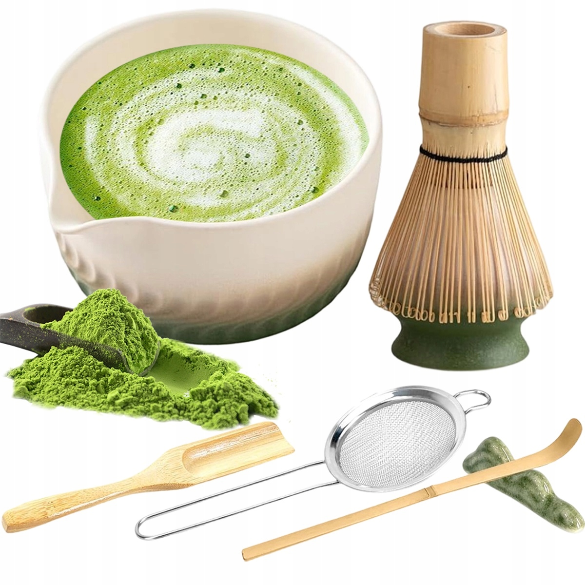 Levně Sada pro matcha 7 prvků bambus a keramika ideální dárek zelená